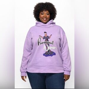 New 1X Plus Ladies Phenomenal Woman Graphic Purple Cross Neck Hoodie, INDENT
